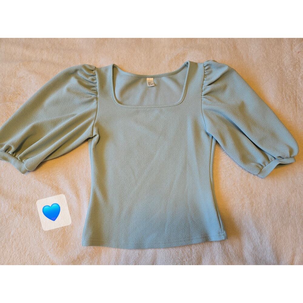 💙 Sz Small Sage Green Square-Neck 💙 Puff-Sleeve Fitted Thick Poly Crepe Blouse